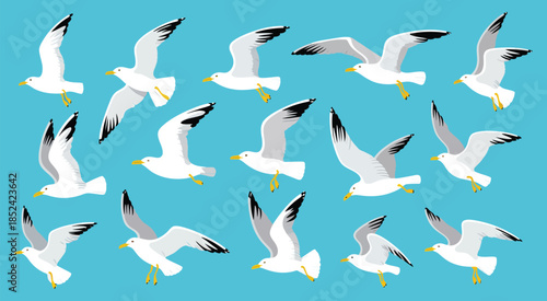 Foto Seagulls flying sea bird in sky featuring various poses of cartoon cute seabird flight elements for summer vacation beach themes and coastal nature vector isolated set illustration