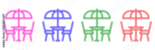 set of colorful neon outline icons depicting outdoor cafe furniture including a table with two chairs and a parasol providing shade, perfect for hospitality and leisure themes