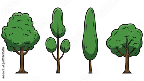 Four diverse green trees with brown trunks stand in a row against a white background.