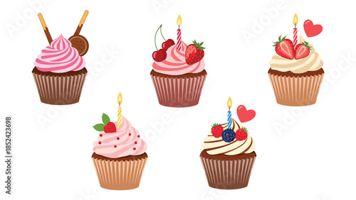 A delicious set of five beautifully decorated cupcakes with various toppings like fruit, candles, and chocolate for parties.
