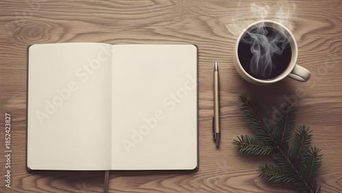 コーヒーとノートのある冬のデスク