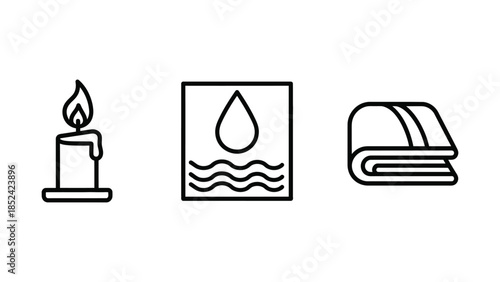 Calming spa icons: candle, water, and folded towel for relaxation and wellness