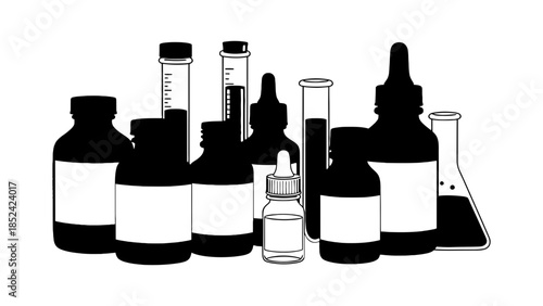 Collection of diverse laboratory bottles and vials filled with liquids, ready for scientific research.