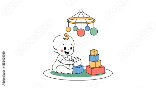 Happy baby playing with colorful building blocks and a mobile toy
