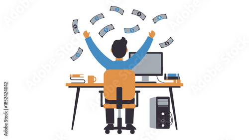 Man celebrating success at his desk with money raining down