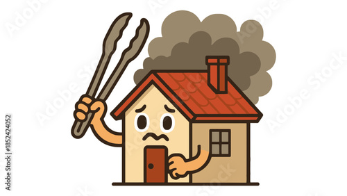 Worried house with smoke coming from chimney and tongs held aloft