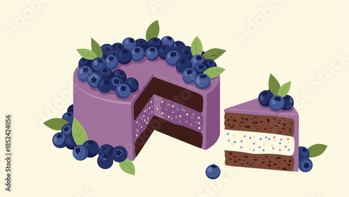 A delicious-looking chocolate layer cake with purple blueberry frosting, topped with fresh blueberries, with one slice cut out.