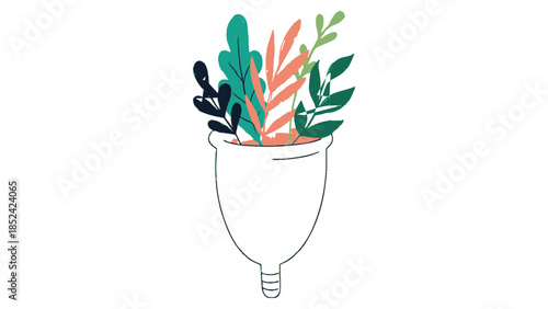Sustainable menstrual cup blooming with fresh green leaves and colorful plants