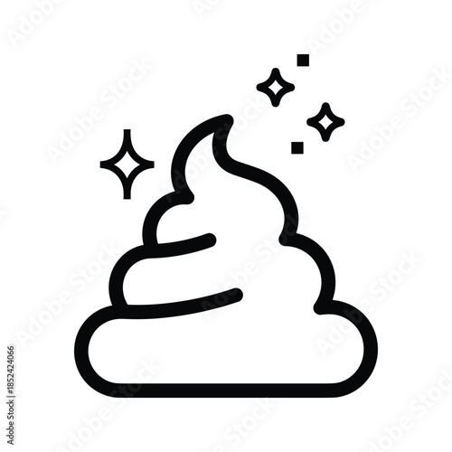Shiny black poop icon with sparkles on white background