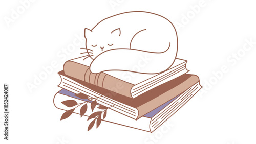 Cozy cat naps peacefully on a stack of vintage books, dreaming of adventure.