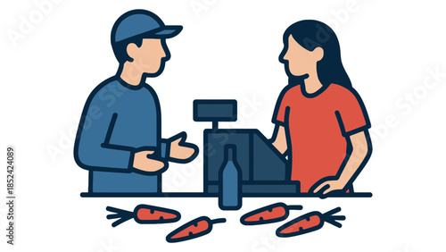 Customer interacts with cashier at grocery checkout with fresh produce