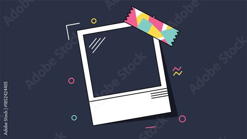A retro-style instant photo frame taped to a dark background with colorful washi tape and abstract geometric shapes.