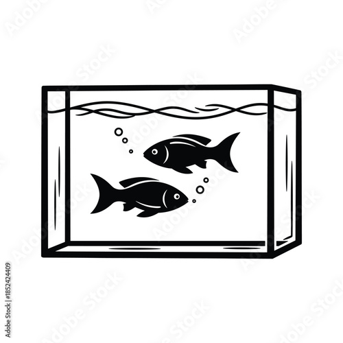 Two fish in a tank black and white illustration