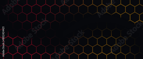 Dark hexagon abstract technology background with blue and pink colored bright flashes under hexagon. Hexagonal gaming vector abstract tech background.