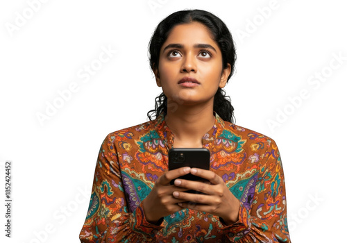 Young woman looking up while holding phone isolated on transparent background