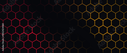 Dark hexagon abstract technology background with blue and pink colored bright flashes under hexagon. Hexagonal gaming vector abstract tech background.