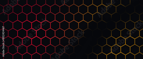 Dark hexagon abstract technology background with blue and pink colored bright flashes under hexagon. Hexagonal gaming vector abstract tech background.