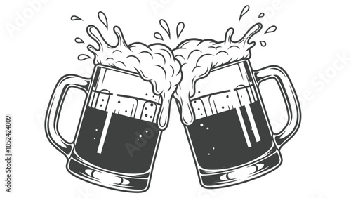 Vector  illustration of Two beer mugs clinking with splashing foam, black and white illustration, isolated on white background