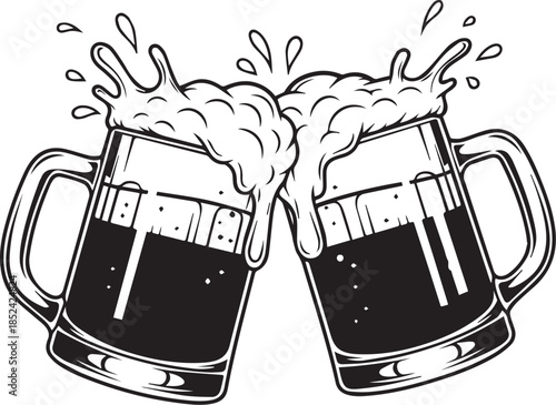 Vector  illustration of Two beer mugs clinking with splashing foam, black and white illustration, isolated 