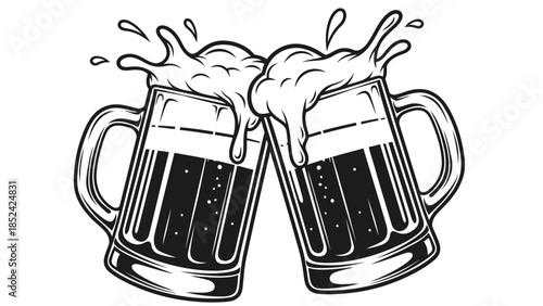 Vector  illustration of Two beer mugs clinking with splashing foam, black and white illustration