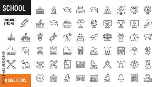 Vector collection of school education line icons with editable stroke including bus, science, and graduation symbols for learning design.