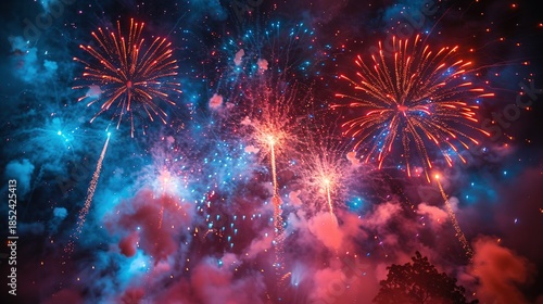 Ultra-realistic fireworks wide shot illuminating night sky, vibrant dynamic patterns & cinematic lighting for New Year/festive celebrations, posters & social media.