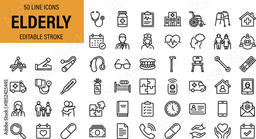 Vector collection of elderly care line icons with editable stroke including nursing home, wheelchair, and senior support symbols for medical design.