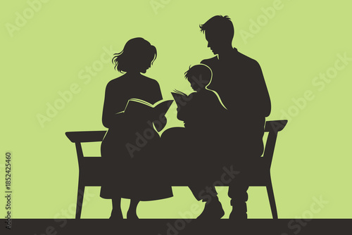 Family reading books together on park bench, black silhouette illustration of parents and child, education, learning, spending quality time and happy childhood concept