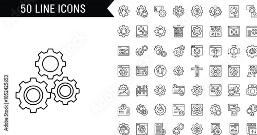 Vector collection of gear and settings line icons with editable stroke including mechanism, process, and maintenance symbols for engineering design.