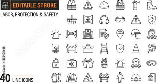 Vector collection of labor protection and safety line icons with editable stroke including vest, helmet, and gear symbols for industrial design.
