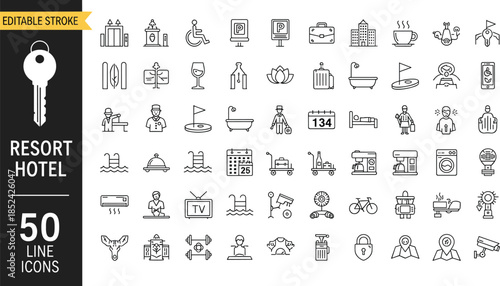 Vector collection of resort hotel line icons with editable stroke including travel, vacation, service, and facility symbols for hospitality design.