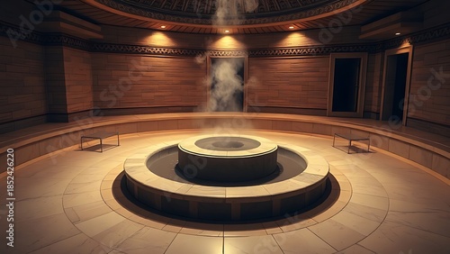 unanimity. Traditional Turkish bath interior with marble floor and central heated stone emitting steam. real-estate listings.