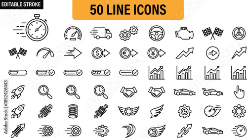 Vector collection of speed and performance line icons with editable stroke including stopwatch, rocket, and fast car symbols for efficiency design.