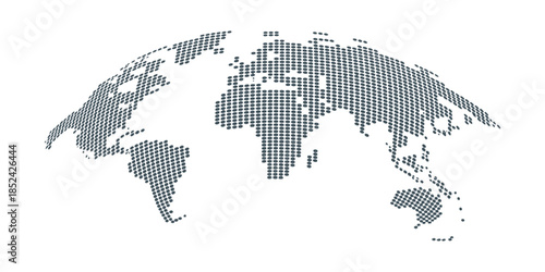 World map earth globe with dot pattern and 3d worldwide global icon featuring halftone pixel texture for international business geography and travel abstract political concept vector.