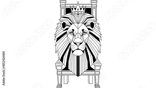 Geometric lion with a crown sitting in a stylized throne in a monochrome setting