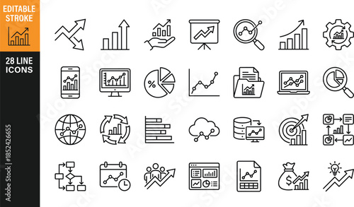 Vector collection of business data analysis line icons with editable stroke including charts, graphs, and statistics symbols for marketing design.