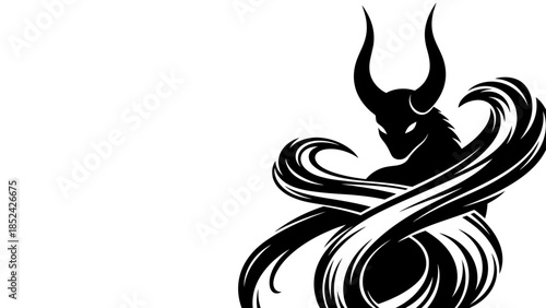 Stylized black and white illustration of a horned creature with flowing shapes
