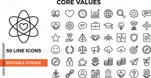 Vector collection of core values line icons with editable stroke including ethics, integrity, mission, and business symbols for corporate design.
