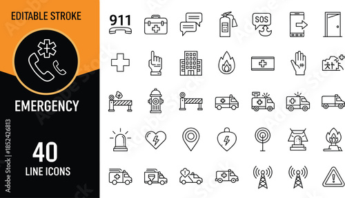 Vector collection of emergency line icons with editable stroke including medical, fire, ambulance, and 911 symbols for safety design.