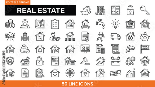 Vector collection of real estate line icons with editable stroke including house, building, key, and mortgage symbols for property business.