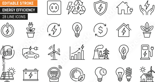 Vector collection of energy efficiency line icons with editable stroke including solar, wind, and electric car symbols for eco design.