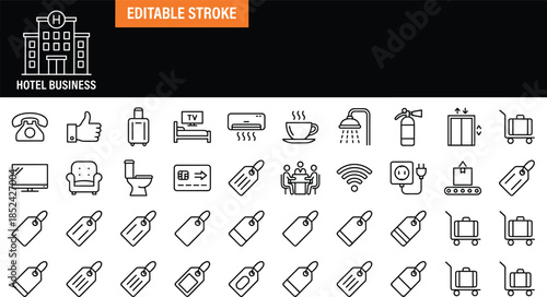 Vector collection of hotel business line icons with editable stroke including luggage, bedroom, service, and travel symbols for hospitality design.
