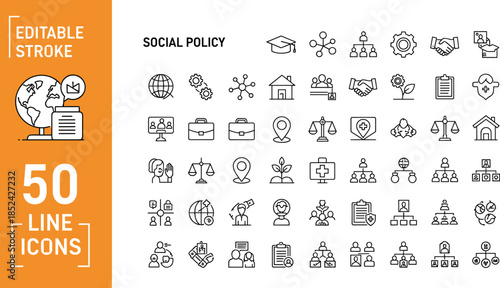 Vector collection of social policy line icons with editable stroke including justice, community, and government symbols for political design.