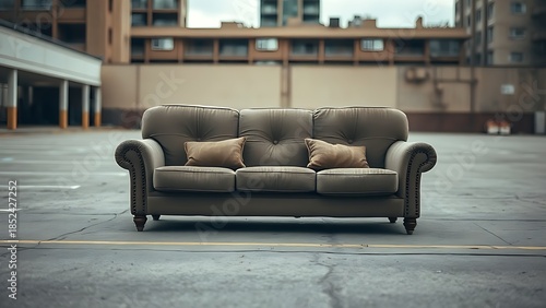 flagrant. A worn-out sofa on an empty urban lot, overcast daylight. real-estate listings, architecture portfolios, designed for interior renovation comparisons for interiors.