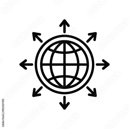 black and white globe with arrows pointing outward in all directions