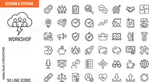 Vector set of workshop line icons with editable stroke including training, teamwork, strategy, and business meeting symbols for corporate design.