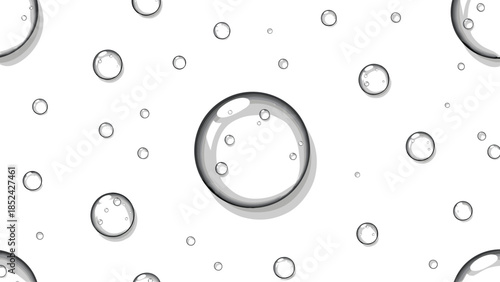 Abstract seamless pattern of clear water drops and rain droplets isolated on white background for wet liquid texture design.