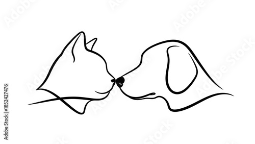 Minimalist Line Art Depicting Cat and Dog Touching Noses Symbolizing Friendship