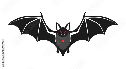 Mysterious nocturnal creature with outstretched wings, a captivating black bat illustration featuring glowing red eyes and an enigmatic emblem, perfect for spooky designs and themed events