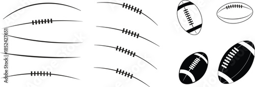 American Football Ball Vector Set. Silhouette, Outline, and Laces Line Art Collection